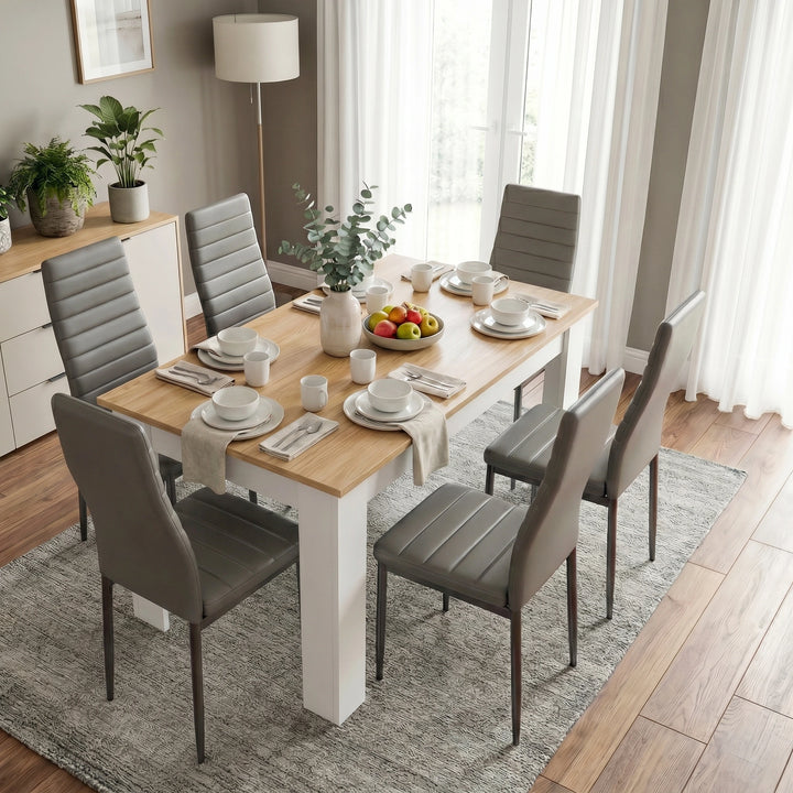 [6 Seater | Grey] White & Pine 4-6 Seater Dining Table and Chairs Set displaying a rectangular light pine tabletop sitting over thick sturdy white painted legs