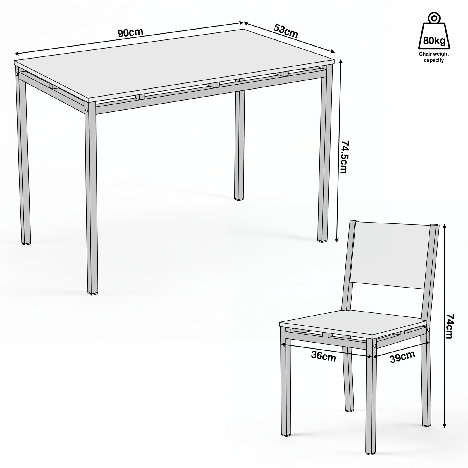 [Pine] Breakfast table and chairs for 2 dimensions WxDxH: table 90x53x74.5cm, chairs 36x39x74cm, and 80kg weight capacity.