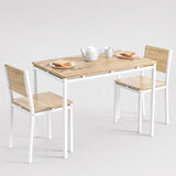 [Pine] Breakfast table set of 2 with pine-effect tabletop, white metal frames & two chairs styled with teapot, mugs & toast.