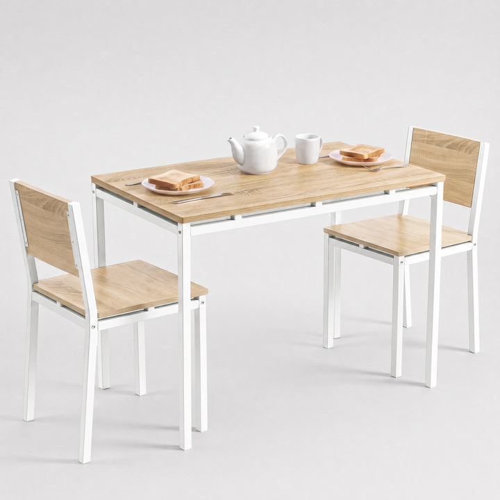 [Pine] Breakfast table set of 2 with pine-effect tabletop, white metal frames & two chairs styled with teapot, mugs & toast.