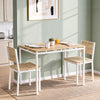 [Pine] Small dining table and chairs close-up view with pine-effect panels, white frames, open support rails & visible bolts.