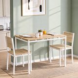 [Pine] Small dining table and chairs close-up view with pine-effect panels, white frames, open support rails & visible bolts.