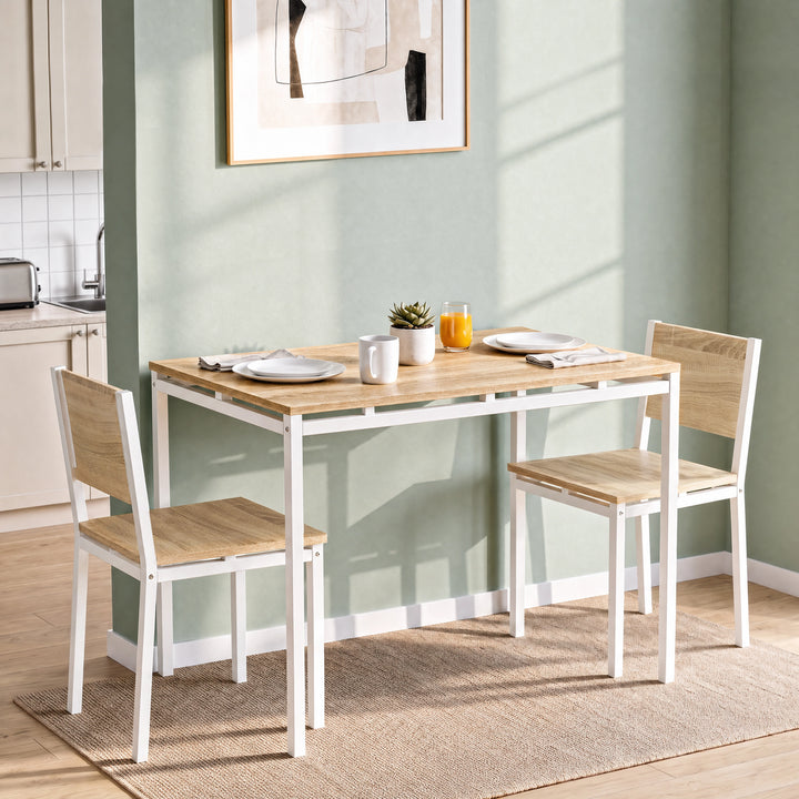 [Pine] Small dining table and chairs close-up view with pine-effect panels, white frames, open support rails & visible bolts.
