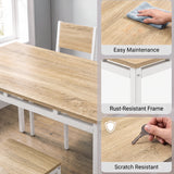 [Pine] Dining table guide showing an easy-clean tabletop, rust-resistant white frame & scratch-resistant pine-effect surface.