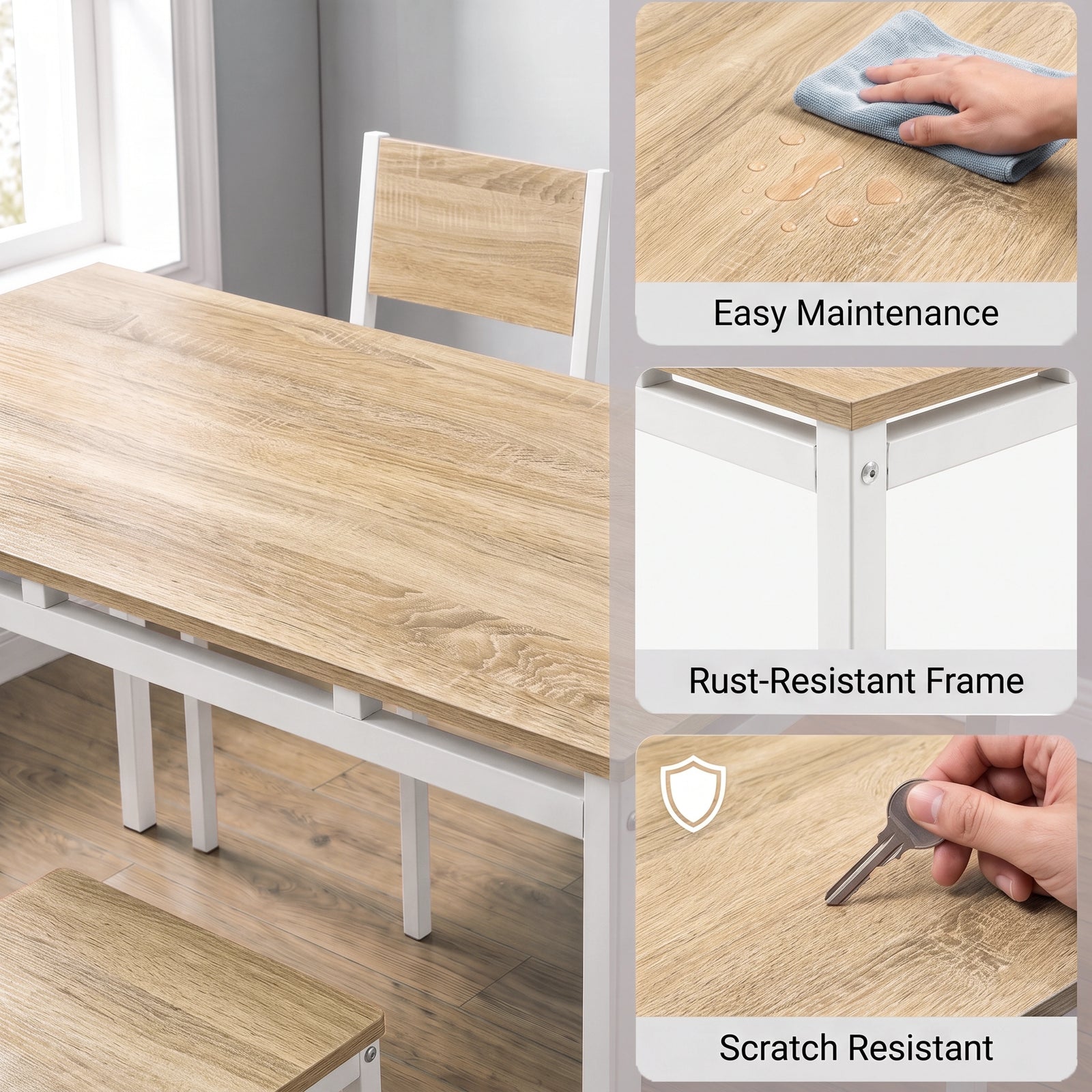 [Pine] Dining table guide showing an easy-clean tabletop, rust-resistant white frame & scratch-resistant pine-effect surface.