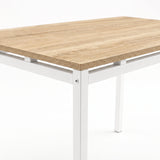 [Pine] Close-up of pine-effect dining tabletop, white powder-coated metal frame, raised supports, square legs and corner bolt