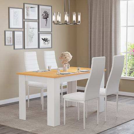 minimalistic outdoor table and chairs in an indoor setting featuring white leather seats and pine wood tabletop