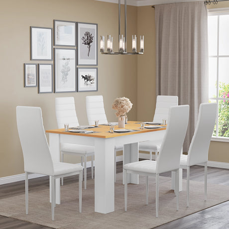 white pine 6 seater garden dining set featuring white leather chairs in an elegant garden setting