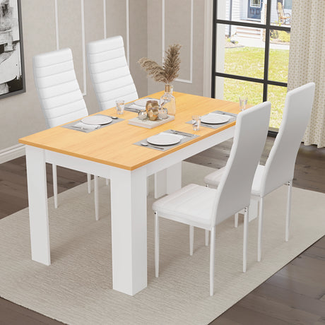 elegant small dining table set for 4 with white PU leather chairs and pine finish tabletop