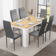 modern white pine dining table and 6 chairs with grey leather seats, perfect for inviting dining rooms