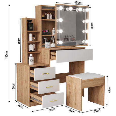 Pine white dressing table UK with mirror, LED lights, & matching stool—including product dimensions.