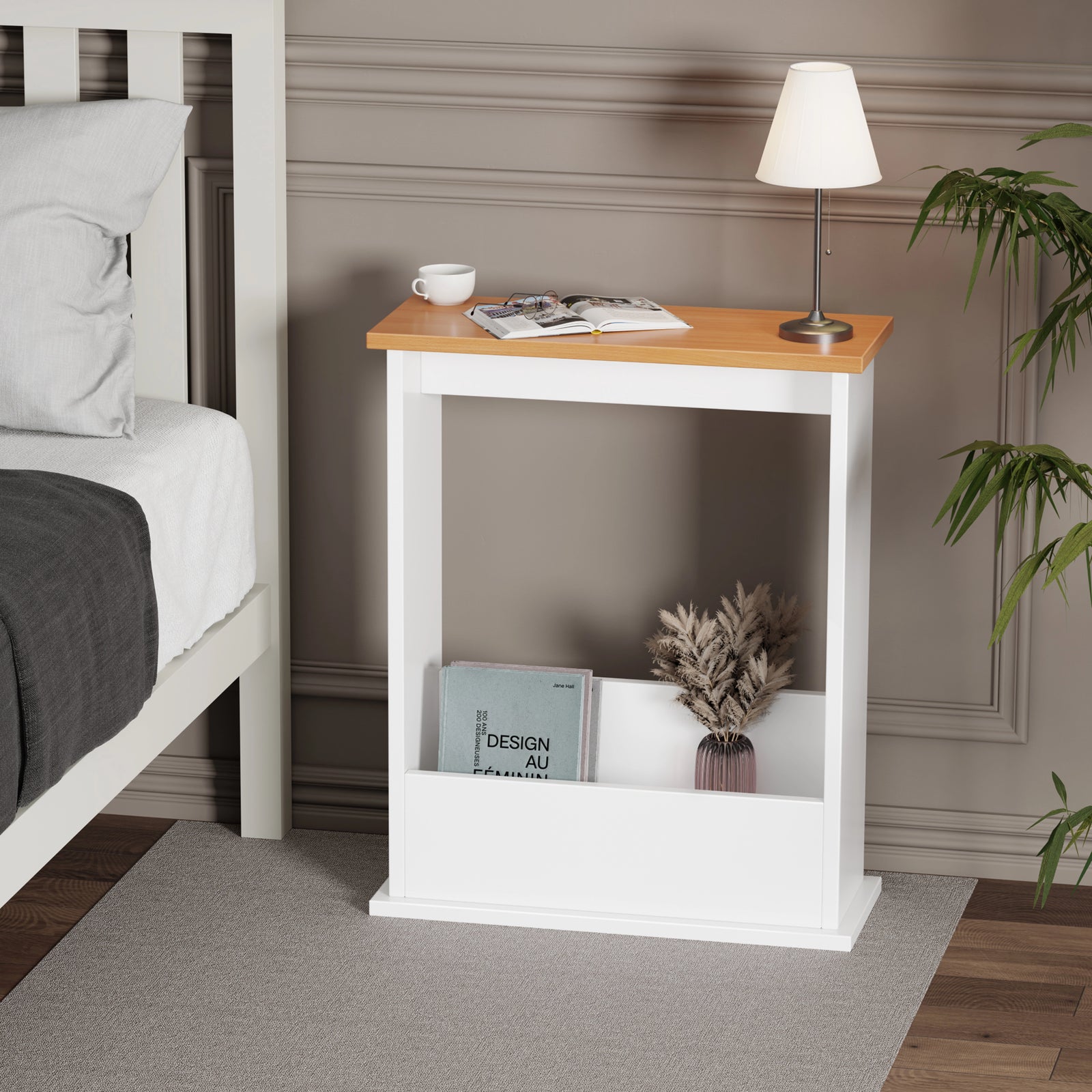 [Pine + White] white body oak top side table as bedside with lamp on top and books in lower slot