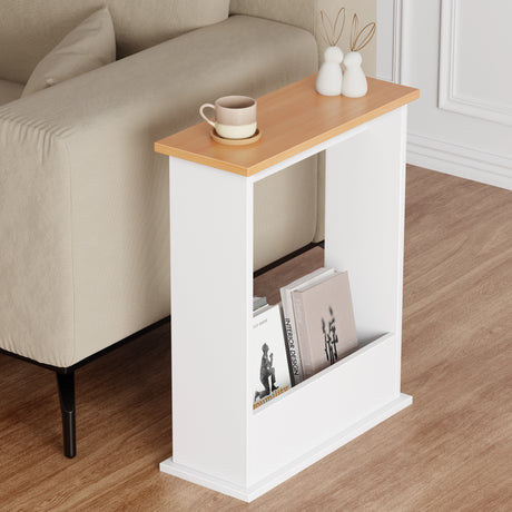 white side table with oak top next to beige sofa, showing books in storage and cup on top