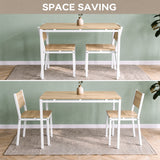 [Pine] Space-saving breakfast table with two chairs tucked completely underneath the table, then pulled out and ready to use.