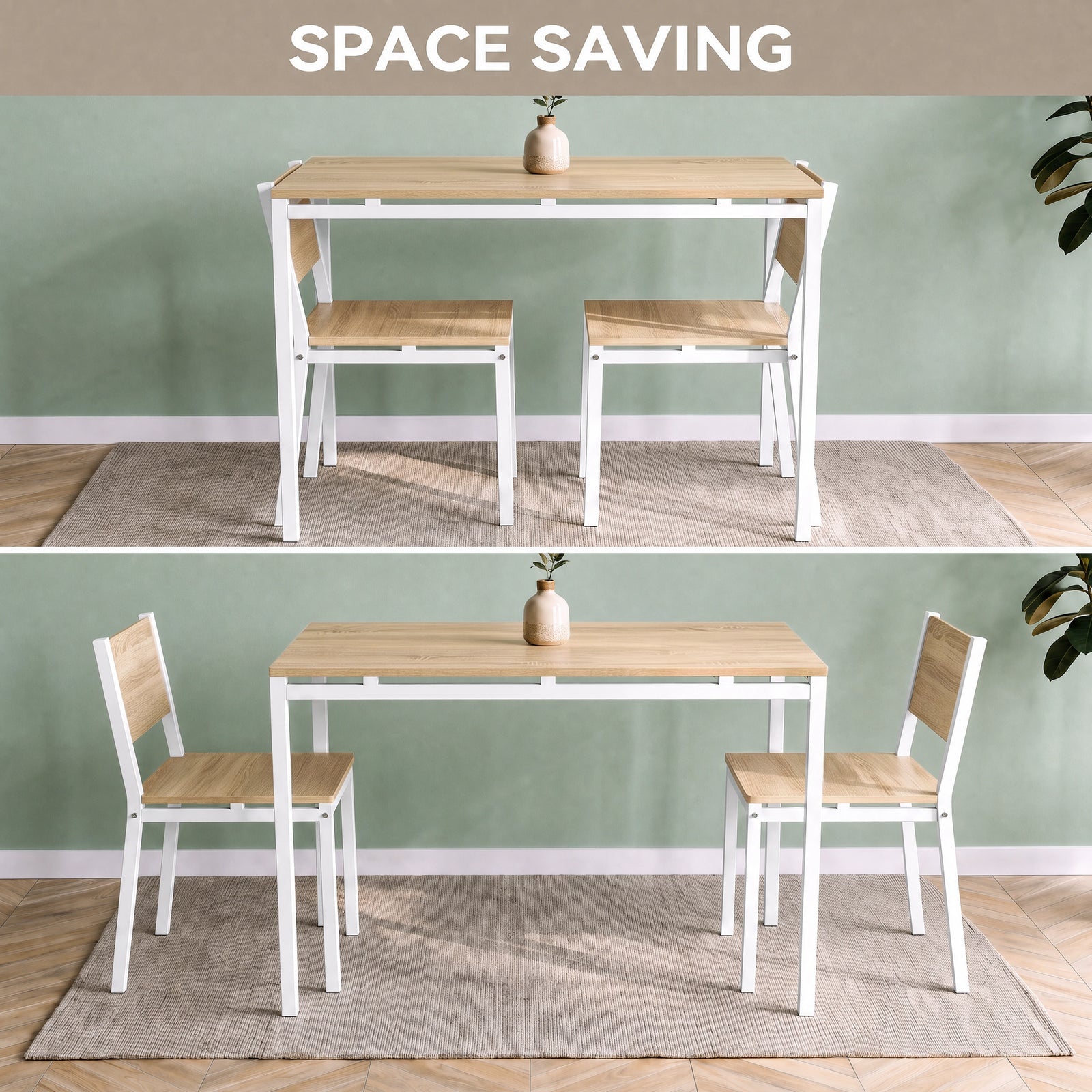 [Pine] Space-saving breakfast table with two chairs tucked completely underneath the table, then pulled out and ready to use.