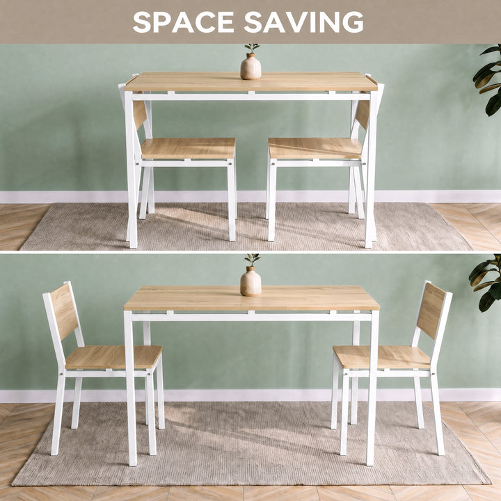 [Pine] Space-saving breakfast table with two chairs tucked completely underneath the table, then pulled out and ready to use.