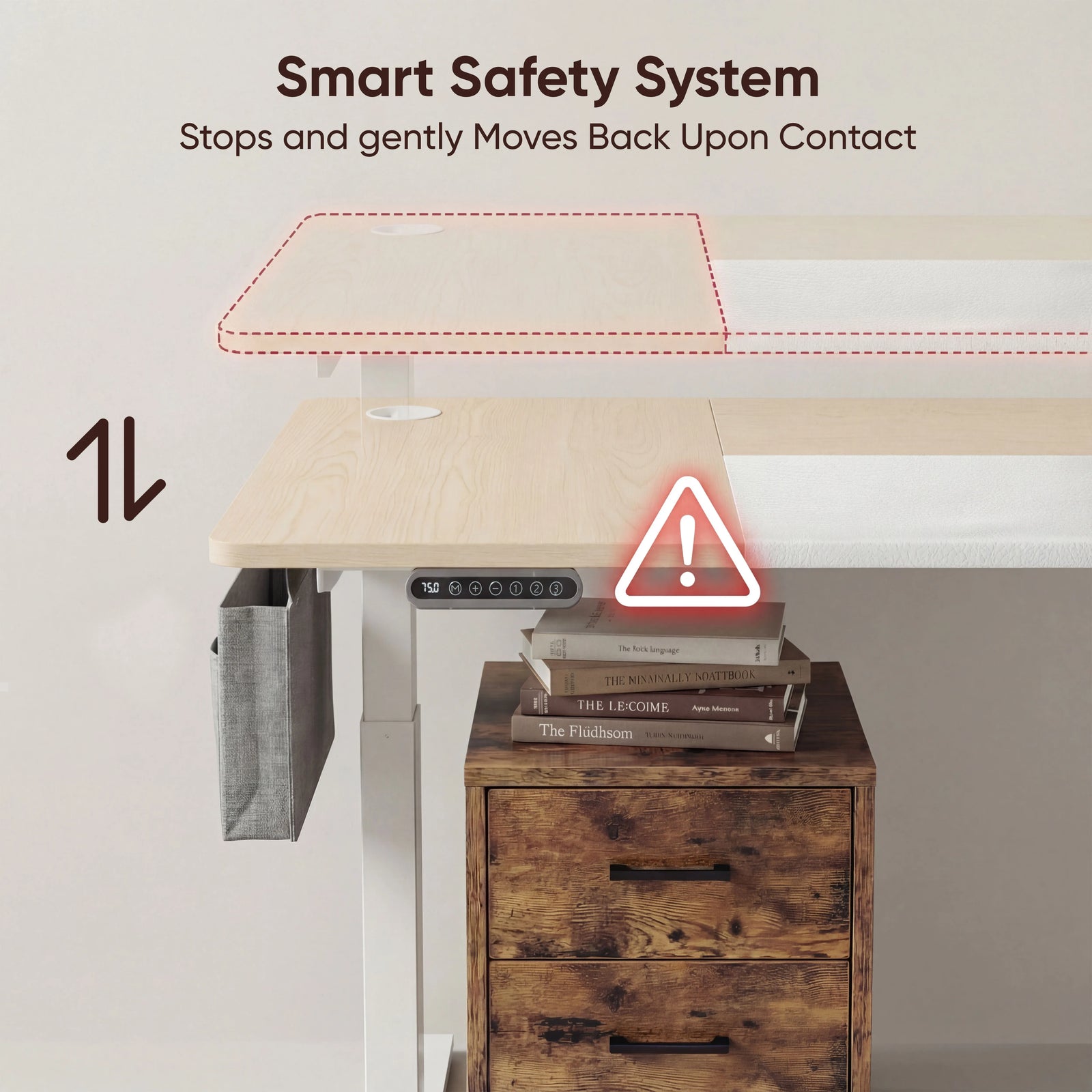[110cm x 60cm] smart safety system on 110cm pine standing desk, anti-collision arrows above books on rustic 3-drawer cabinet