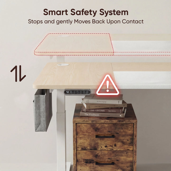 [110cm x 60cm] smart safety system on 110cm pine standing desk, anti-collision arrows above books on rustic 3-drawer cabinet