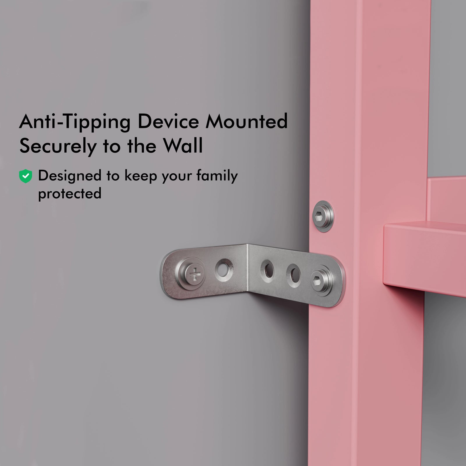 [Pink + Pine] bunk bed frame close-up of metal anti-tipping bracket securing high sleeper frame to wall for safety
