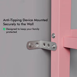 Close up of metal anti tipping mechanism attached to a wall and a pink bunk bed frame.