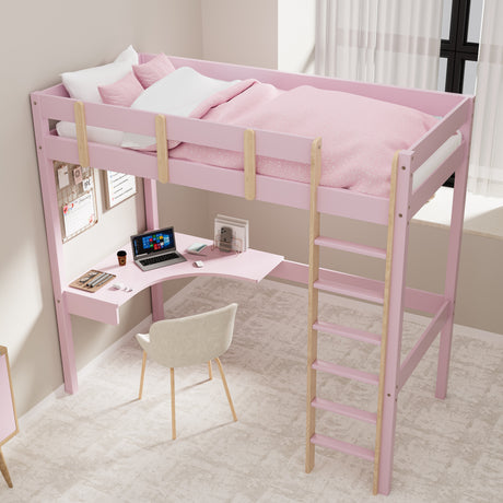 Pink bunk bed with ladder, perfect for kids' rooms and space-saving.