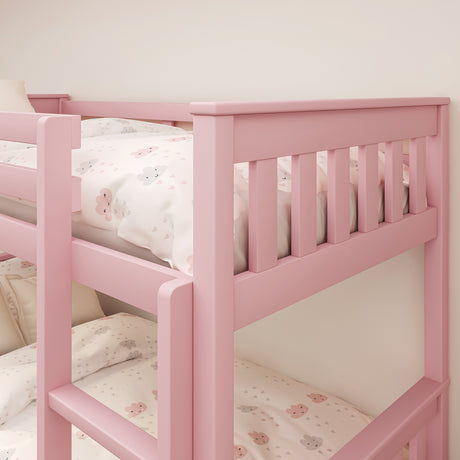 Close-up of pink double bunk bed for adults showing rounded ladder edges and tall safety rails