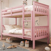 Pink detachable double bunk bed for kids with white and pink bedding, perfect for girls' bedrooms. Converts into two beds.
