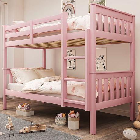 Pink detachable double bunk bed for kids with white and pink bedding, perfect for girls' bedrooms. Converts into two beds.
