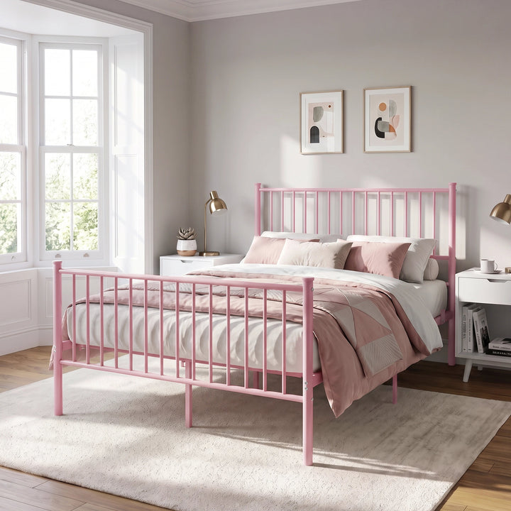 [Pink | Double] Pink metal double bed with pink-white bedding, tall bar headboard, matching footboard and centre support legs