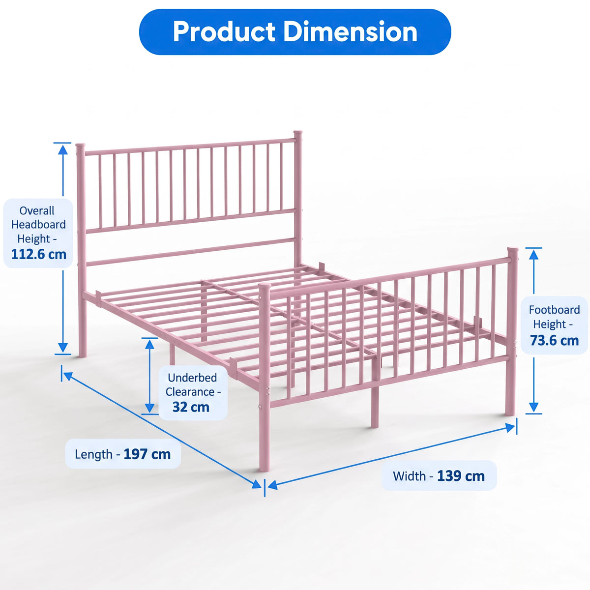 [Pink | Double] Dimension schematic for the pink double bed frame showing 197 cm length, 139 cm width, 112.6 cm headboard height, and 73.6 cm footboard height.