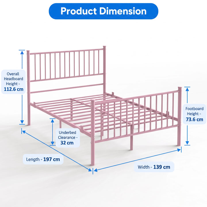 [Pink | Double] Dimension schematic for the pink double bed frame showing 197 cm length, 139 cm width, 112.6 cm headboard height, and 73.6 cm footboard height.