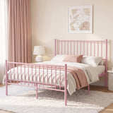 [Pink | Double] Pink double metal bed frame styled in a bedroom setting with white bedding, pink throw, and matching curtains.