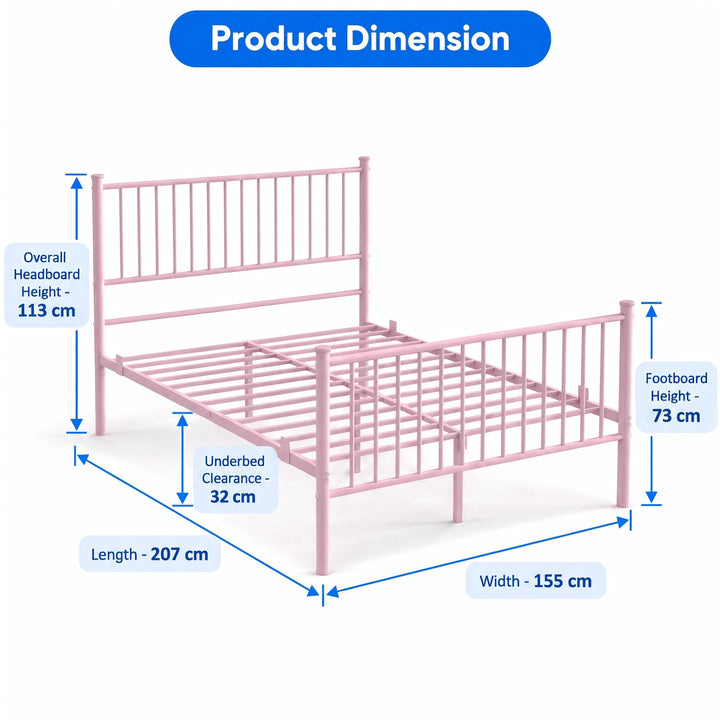 [Pink | King] Size diagram showing 155x207cm frame, 113cm headboard, 73cm footboard, and 32cm under-bed clearance.