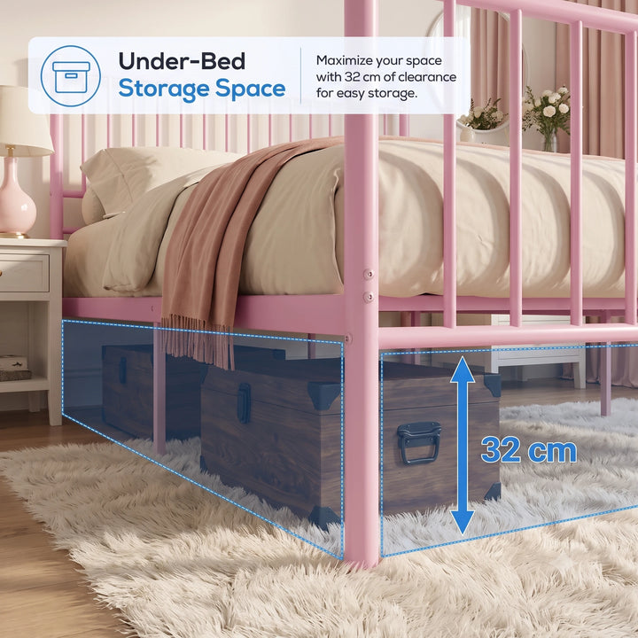 [Pink | King] Storage graphic showing wooden trunks beneath the bed, with blue shading and a 32cm clearance arrow.