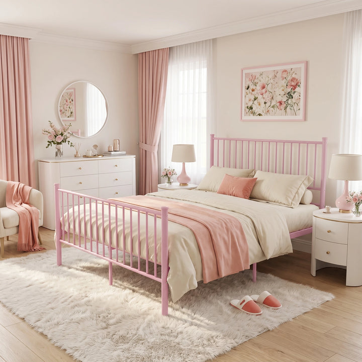 [Pink | King] Bedroom view showing a bar-frame bed, cream bedding, floral wall art, a wide dresser, round mirror, and lamps.
