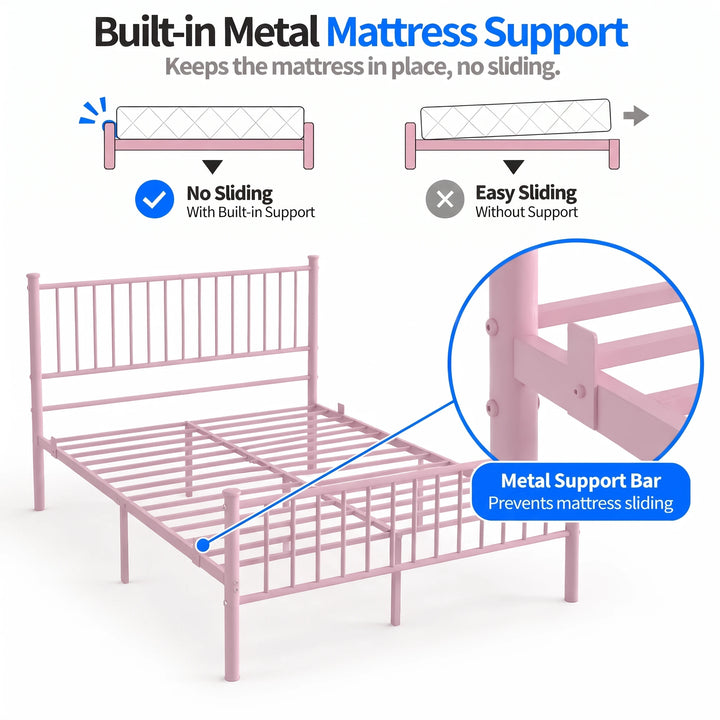 [Pink | King] Mattress support graphic showing metal slats, a raised stop close-up, and sliding comparison diagrams.