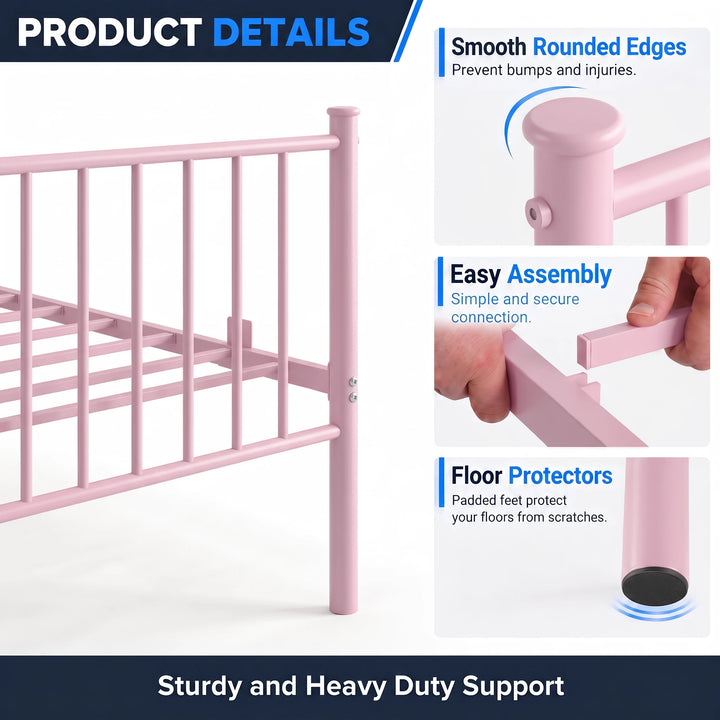 [Pink | King] Detail graphic showing a rounded post cap, hands joining frame parts, and a padded foot close-up.