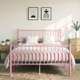 [Pink | King] Full front view of metal king bed with pink-white bedding, bar ends, centre leg, bedside plants & abstract art.