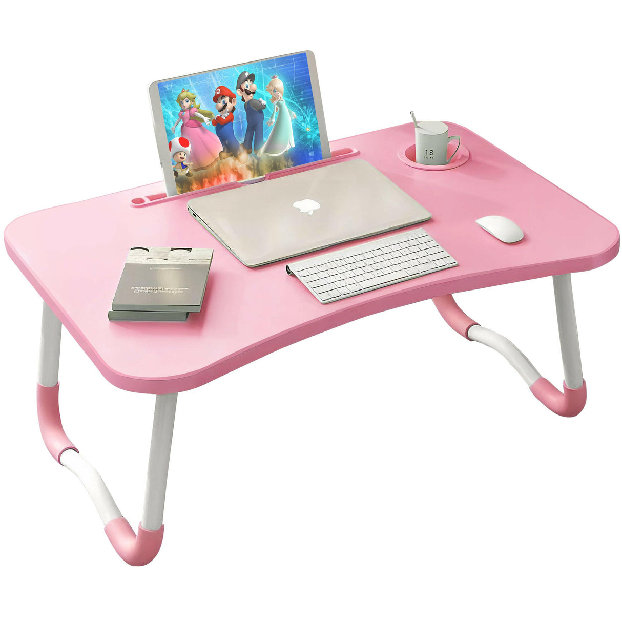 Pink laptop table with tablet slot, cup holder, and foldable legs for study or work use.