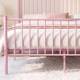 [Pink | Double] Close-up detail of the pink metal double bed frame's vertical slat footboard structure.