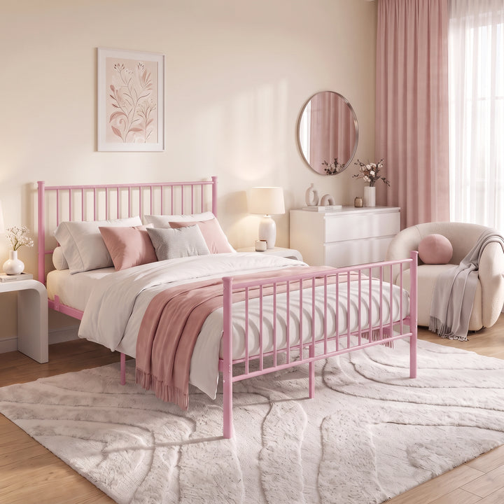 [Pink | Double] Styled bedroom featuring a pink metal double bed frame with a high vertical slat headboard and matching decor.