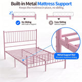 [Pink | Double] Key features of the pink metal bed frame including smooth rounded edges, easy assembly construction, and protective floor pads.