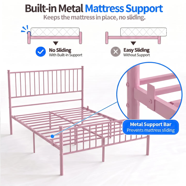 [Pink | Double] Key features of the pink metal bed frame including smooth rounded edges, easy assembly construction, and protective floor pads.