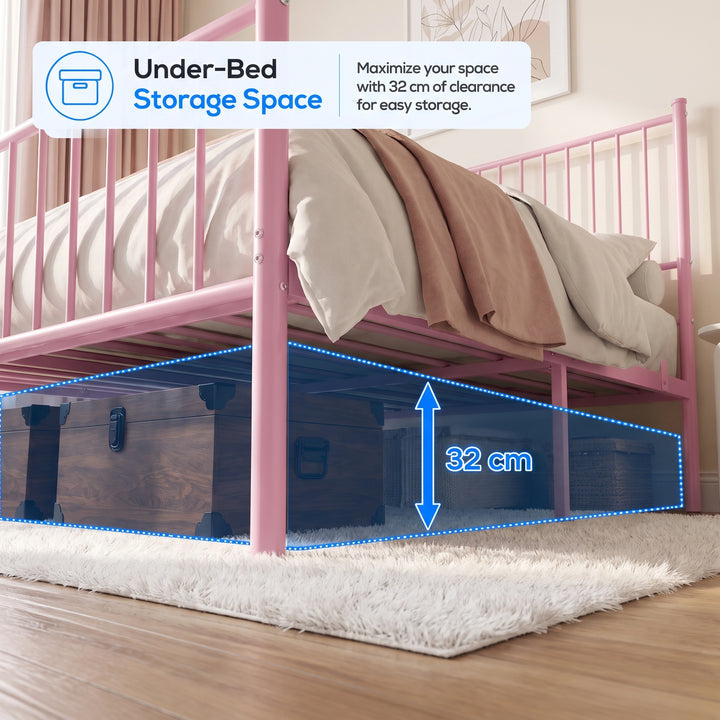 [Pink | Double] Diagram showing 32 cm of under-bed storage clearance space beneath the pink metal double bed frame.