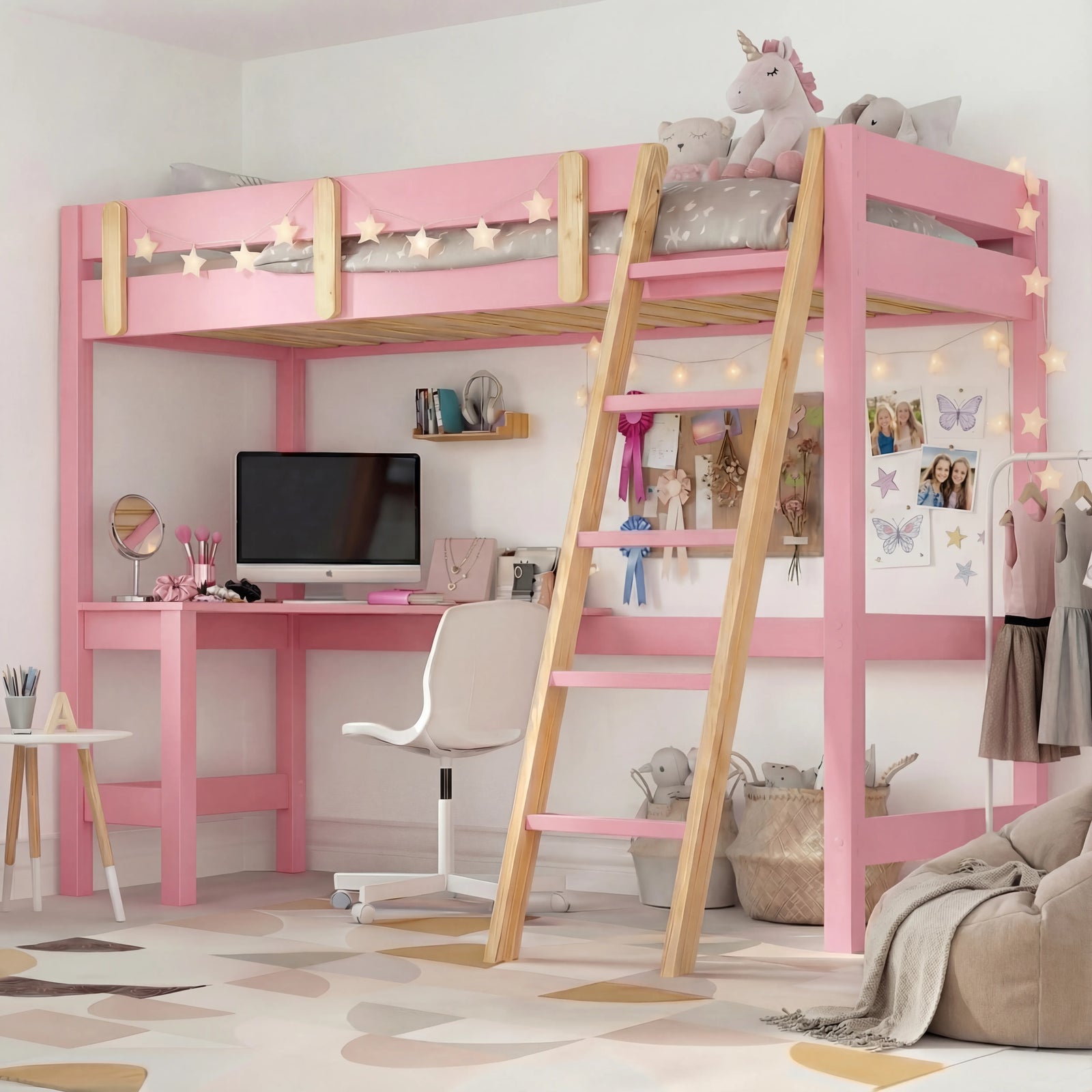 [Pink + Pine] Bunk bed with desk showing ladder access and safety rails around elevated platform and L-shaped desk below