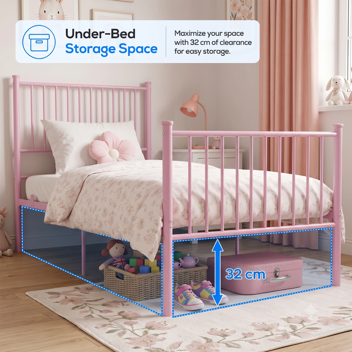 [Pink | Single] Storage graphic showing toy baskets, trainers, and a suitcase beneath the bed, with a 32cm clearance arrow.