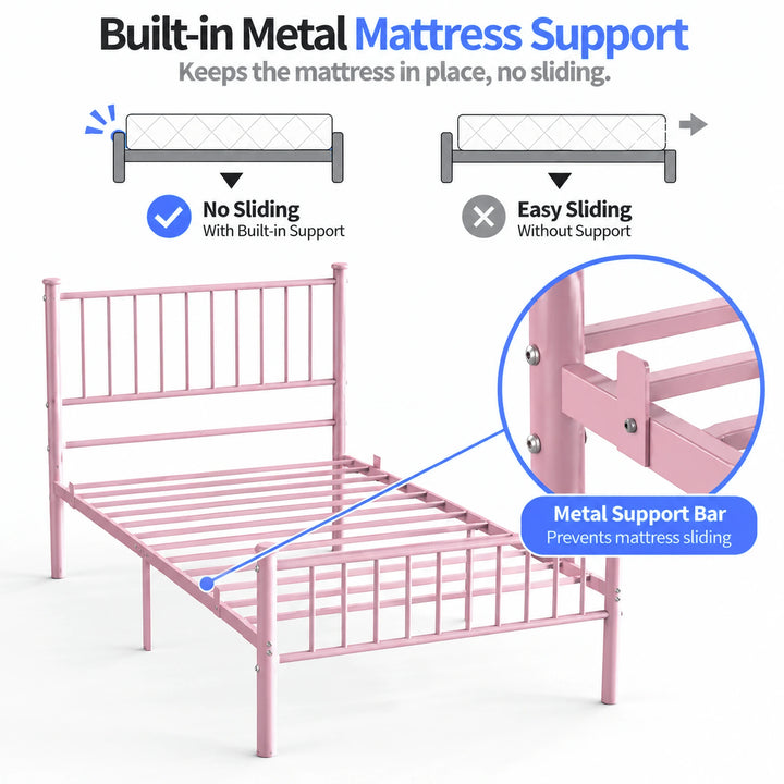 [Pink | Single] Mattress support graphic showing metal slats, a raised stop close-up, and sliding comparison diagrams.