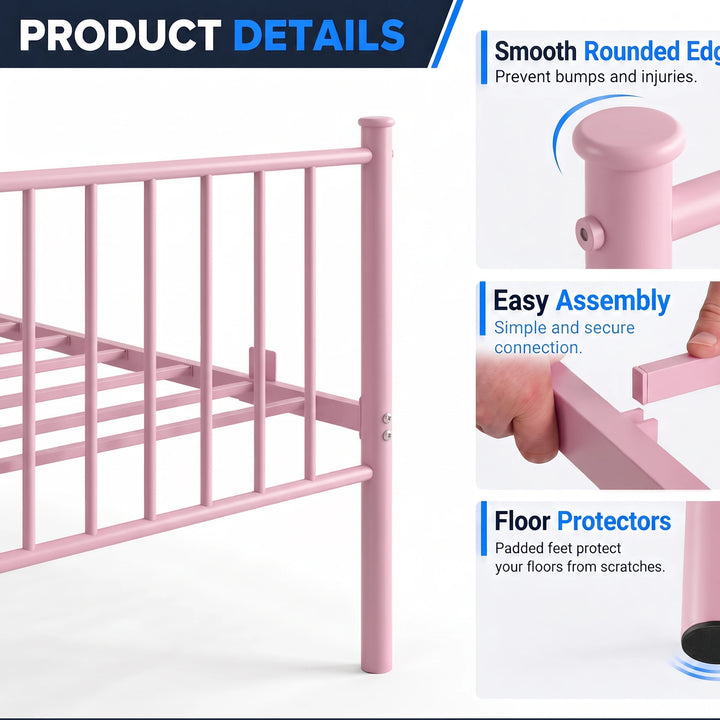 [Pink | Single] Detail graphic showing footboard bars, rounded post cap, hands joining frame parts, and a padded foot.