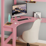 Modern pink study bunk bed with desk setup showing a curved white desk with chair computer and organised accessories