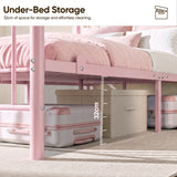 [Pink | Double] Pink metal bed 32cm under-bed clearance shown with suitcases and a storage box beneath the metal slat frame.